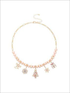 Christmas Tree Bow Pendant Necklace Gold Plated Pearl